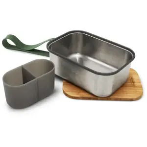 black+blum BLACK + BLUM ON THE GO STAINLESS STEEL SANDWICH BOX - WOOD LID 1.25L OLIVE pas cher