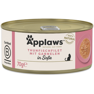 Lot économique : 12x70g Applaws Cat en sauce filet de thon avec crevettes Nourriture pour chats humide pas cher