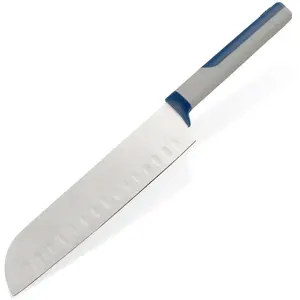 Comparateur de prix : Tasty Couteau Santoku de 18 cm, lame tranchante en acier inoxydable, couteau de cuisine durable avec poignée ergonomique douce au toucher, couleur : bleu et gris