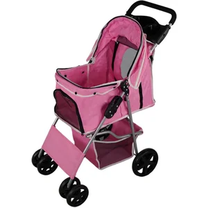 MonsterShop Poussette Rose pour Chien Chat Animaux de Compagnie Jusqu'à 15KG Pliable - Acier Robuste -Compacte - Panier & Porte-Gobelet - Roue
