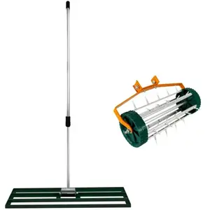 Monster Shop NL 2-in-1 Handmatige Verticuteermachine en Gazonvlakker Set in Groen Gegalvaniseerd Staal en Aluminium met Uitschuifbaar Handvat tot 2m, Vlakkingsbasis van 100 cm en Spikes van 3,8 cm pas cher