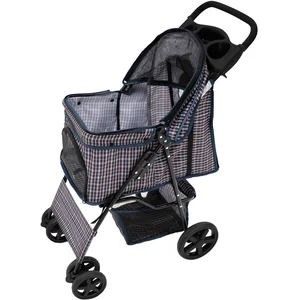 Monster Shop NL Poussette pour Animal de Compagnie - Tartan Bleu - Extérieur - Cadre en acier - Confort optimal - Jusqu'à 15 kg