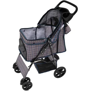 Monster Shop NL Opvouwbare Hondenbuggy met Organizer Tas, Veiligheidshaak, Kap, Mand en Regenhoes - Ruitblauw, Draagvermogen 15 kg