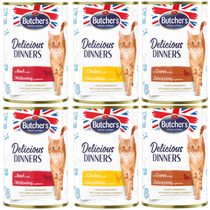 Butcher's 6 x 400 g Butcher’s Delicious Dinners 3 variétés (boeuf, poulet et gibier) nourriture humide pour chats pas cher