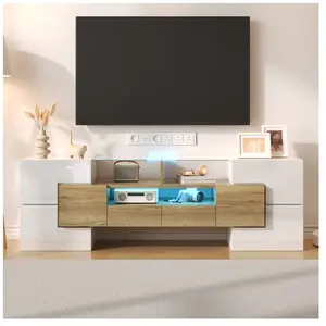 DREAMMESPACE Meuble TV 145x30x51cm - lowboard élégant LED - conception moderne surface en verre élégante - blanc pas cher