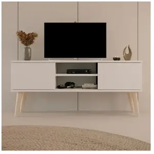 Meuble TV - Toronto - Blanc - 120 cm - 2 portes - 2 étagères - Pieds en hêtre massif pas cher