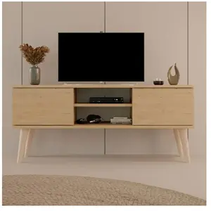 Maisonetstyles Meuble TV Toronto - Chêne - 120 cm - 2 portes - 2 étagères - Pieds en hêtre massif pas cher