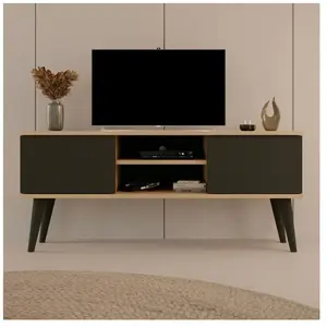Maisonetstyles Meuble TV - Toronto - 120 cm - Chêne&Noir - 2 portes - 2 étagères - Pieds en hêtre massif pas cher