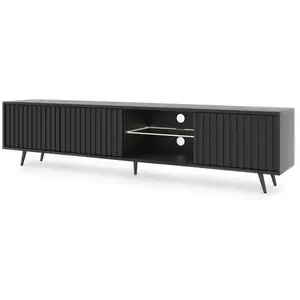 SELSEY Meuble TV - BELLO - 175 cm noir, façades à lamelles et pieds noirs pas cher