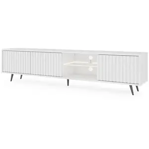 SELSEY Meuble TV - BELLO - 175 cm blanc, façades à lamelles et pieds noirs pas cher