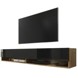 SELSEY Meuble TV / Meuble de salon - WANDER - 180 cm - sans LED - chêne wotan / noir brillant - design moderne pas cher