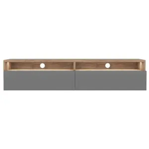 SELSEY Meuble TV - REDNAW - 140 cm - chêne wotan / gris brillant - 2 niches ouvertes - style moderne - avec LED pas cher