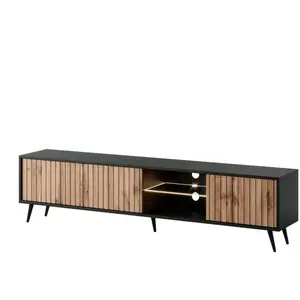 SELSEY Meuble TV - BELLO - avec LED - 175 cm -noir -chêne lamellas pas cher