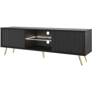 SELSEY Meuble TV - BELLO - avec LED - 135 cm - noir - façades à lamelles et pieds dorés pas cher