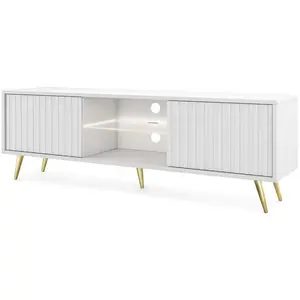 SELSEY Meuble TV - BELLO - avec LED - 135 cm - blanc - façades à lamelles et pieds dorés pas cher