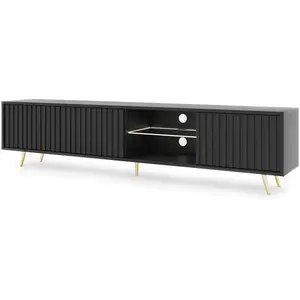 SELSEY Meuble TV - BELLO - avec LED - 175 cm - noir - façades à lamelles et pieds dorés pas cher