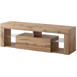 SELSEY Meuble TV / Banc TV - BIANKO - 140 cm - chêne lancaster - sans LED - style moderne - tablettes en verre pas cher