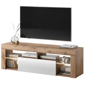 SELSEY Meuble TV / Banc TV - BIANKO - 140 cm - chêne lancaster / blanc brillant - avec LED - style moderne - tablettes en verre pas cher