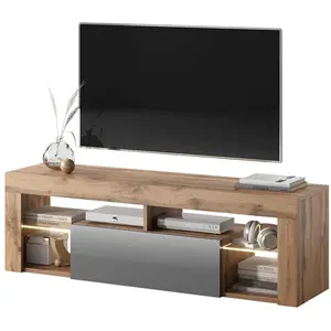 Selsey Meuble TV / Banc TV - BIANKO - 140 cm - chêne lancaster / gris brillant - avec LED - style moderne - tablettes en verre pas cher
