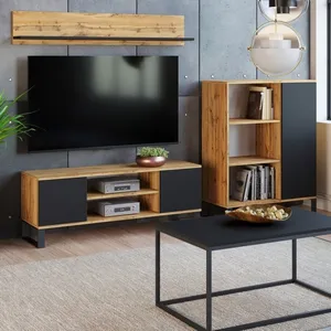 Meuble TV style industriel - naturel / noir FOCUS pas cher