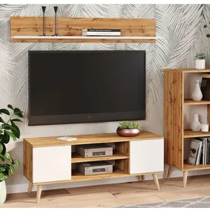 Meuble TV Focus chêne doré - blanc, pieds bois, style scandinave pas cher
