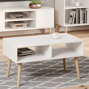 KOBI Table basse scandinave blanche avec pieds en bois   L 90 x P 50 x H 55 cm   SANDI pas cher