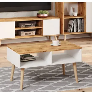 KOBI Table basse scandinave blanche - chêne de wotan avec pieds en bois   L 90 x P 50 x H 55 cm   SANDI pas cher