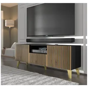 AC-DÉCO Meubles TV - Meuble TV Ravenna avec 2 portes + 1 tiroir + 1 niche en bois et pieds dorés - Beige et noir - L 150 x P 42 x H 56 cmVendu parcdiscount