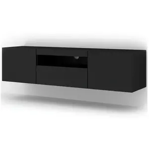 PETITS MEUBLES Meuble TV universel Aura 150 cm à poser ou suspendu, noir mat pas cher