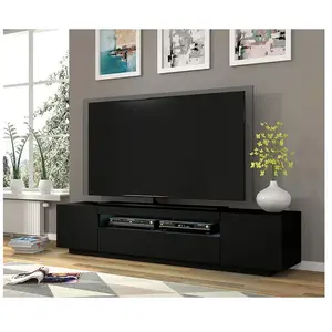 PETITS MEUBLES Meuble TV bas universel AURA 200 cm à suspendre ou à poser sous meuble TV - Buffet hi-fi - Noir mat avec LED bleu pas cher