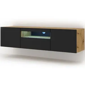 PETITS MEUBLES Meuble TV bas universel Aura 150 cm Buffet HI-FI à suspendre ou à poser chêne artisan noir mat avec LED pas cher