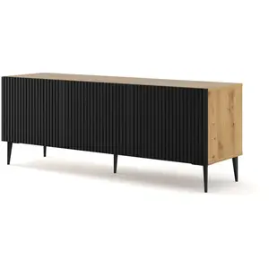 AC-DÉCO Meuble Tv Ravenna Avec 3 Portes En Bois Et Pieds Noirs - Noir Et Beige - L 150 X P 42 X H 56 Cm pas cher