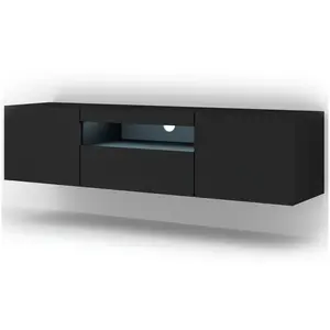 PETITS MEUBLES Meuble tv universel Aura 150 cm à poser ou suspendu noir mat avec LED pas cher