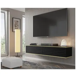 Meuble TV suspendu - AC-Déco - Wabi - Noir/Doré - 180 cm - Design contemporain pas cher