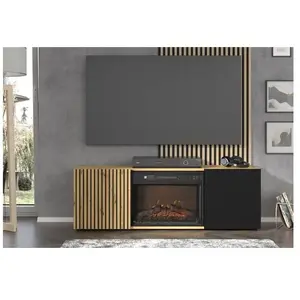 HOMLANDO Meuble TV Auris 150 cm avec cheminée en chêne artisan et mat noir pas cher