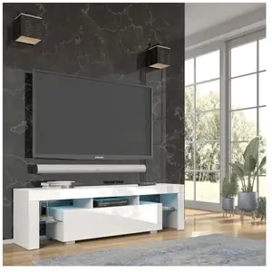 HOMLANDO Meuble TV Panama 160 cm Blanc / Blanc Brillant + LED pas cher