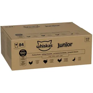 Whiskas Junior Nourriture humide pour chat au choix en gelée, 84 sachets de 84 x 85 g (1 grand paquet) Nourriture humide de qualité supérieure pour chats en croissance de 2 à 12 mois pas cher