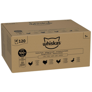Whiskas Nourriture humide pour chat adulte et plus - Volaille au choix - 120 sachets de portions - 120 x 85 g (1 grand paquet) - Nourriture humide de qualité supérieure pour chats adultes pas cher