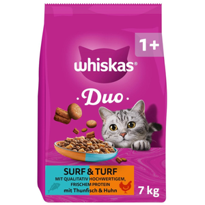 Lot économique : 2x 7kg Whiskas 1+ Duo Surf et Turf Thon & Poulet nourriture sèche pour chats pas cher