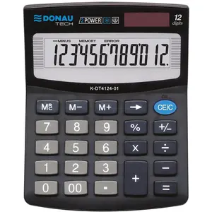 DONAU TECH/K-DT4124-01 Calculatrice de bureau à 12 chiffres Fonction racine 125 x 100 x 27 mm Couleur : noir Calculatrice avec affichage à 12 chiffres/Dual Power Solar - Fonctionnement sur piles /