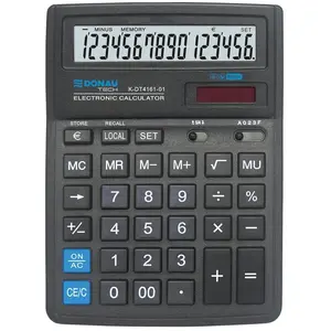 DONAU TECH/K-DT4161-01 Calculatrice de bureau à 16 chiffres Fonction racine 199 x 153 x 31 mm Couleur : noir Calculatrice avec affichage à 16 chiffres/Dual Power Solar - Fonctionnement sur piles /