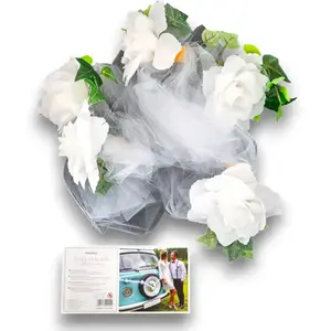 PartyDeco trouwauto lint roosjes - Bruiloft - wit met groen blad - just married pas cher
