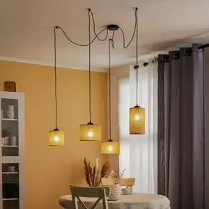 Juta Hanglamp Zwart Bruin Boho 4x E27 - Stijlvolle Verlichting