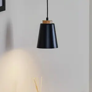 Zwarte hanglamp BOLERO met hout, Scandinavische stijl, E27 pas cher