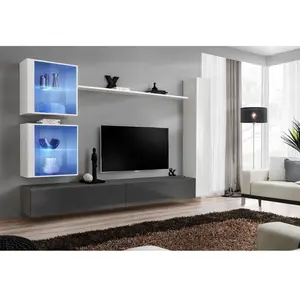 AC-DÉCO Ensemble mural - Switch XVIII - 2 vitrines LED - 1 vitrine verticale - 2 bancs TV - 1 étagère - Blanc et graphite - Modèle 1 pas cher