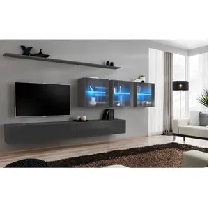 AC-DÉCO Ensemble Mural - Switch Xvii - 3 Vitrines Led - 2 Banc Tv - 2 Étagères - Graphite pas cher