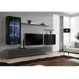 AC-DÉCO Ensemble Mural - Switch Xii - 2 Vitrines Led - 2 Bancs Tv - 1 Vitrine Carrée - 3 Étagères - Noir Et Graphite - Modèle 2Vendu paramazon