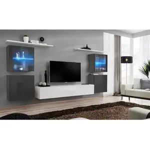 AC-DÉCO Ensemble Mural - Switch Xiv - 4 Vitrines - 1 Banc Tv - 2 Étagères - Blanc Et Graphite - Modèle 2 pas cher