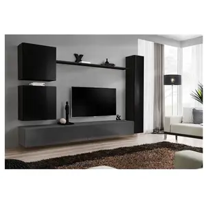 AC-DÉCO Ensemble mural - Switch VIII - 2 vitrines carrées - 1 vitrine verticale - 2 bancs TV - 1 étagère - Noir et graphite - Modèle 2Vendu paramazon