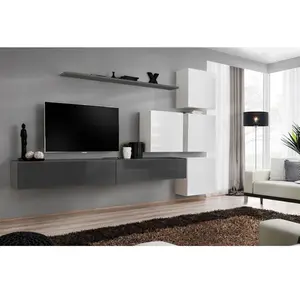 Ensemble mural - AC-DÉCO - Switch IX - 4 vitrines carrées - 2 bancs TV - Blanc - Graphite - Modèle 2 pas cher